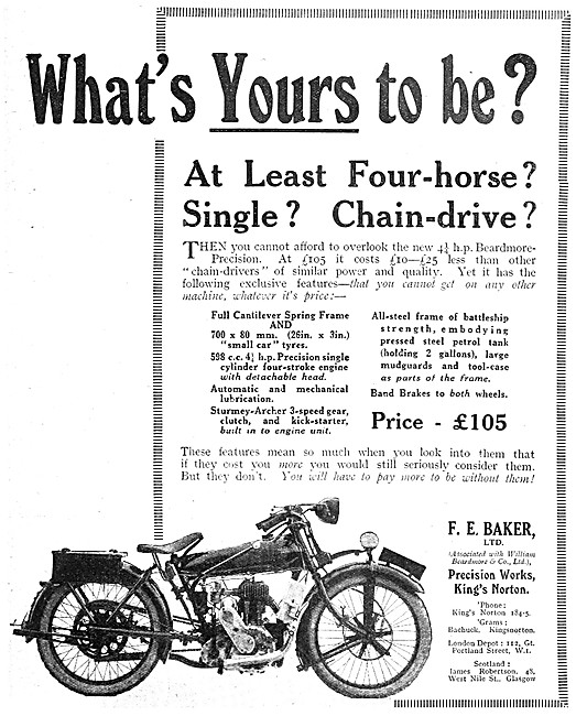 Beardmore-Precision Motor Cycle Features 1921 Models             