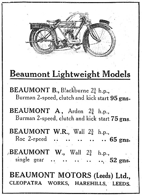 Beaumont Motor Cycle Range 1920                                  
