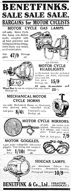 Benetfinks Motor Cycle Gas Lamps 1920                            
