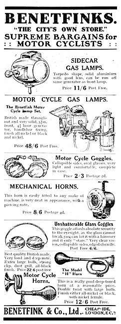 Benetfinks Motor Cycle Horns & Acetylene Lighting Sets           