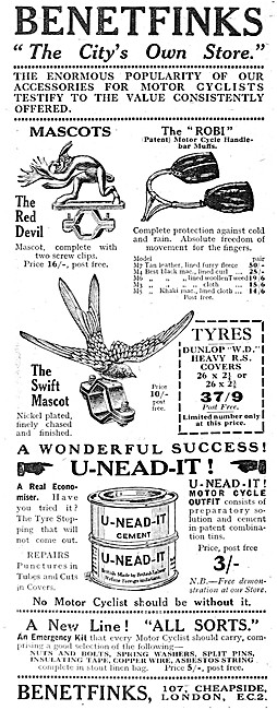 Benetfinks Motorcycle Accessories 1920 Advert                    