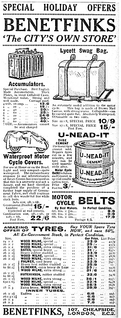 Benetfinks Motor Cycle Accessories 1921 Catalogue Items          