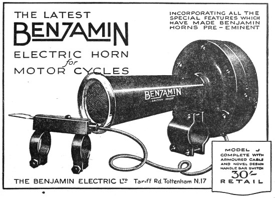 Benjamin Electric Horn For Motor Cycles 1922                     