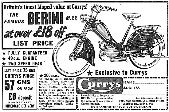 Berini M.22 49 cc Moped On Sale At Currys 1957 Advert            