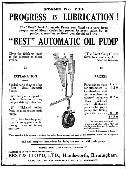Best & Lloyd Automatic Motor Cycle Oil Pump 1920 Advert          