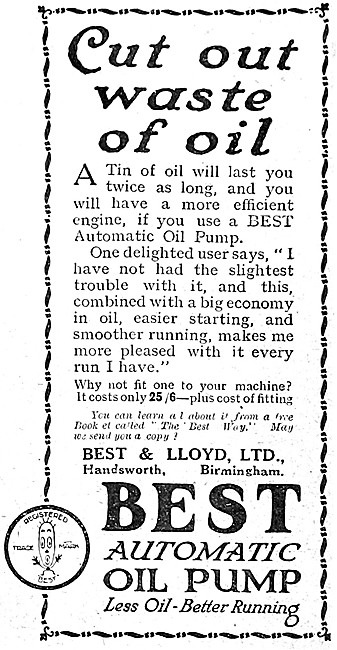 Best & Lloyd Motor Cycle Oil Pump Advert 1921                    