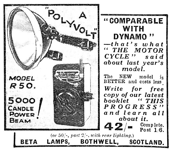 1934 Beta Lamps Polyvolt Motor Cycle Electric Lighting Set       