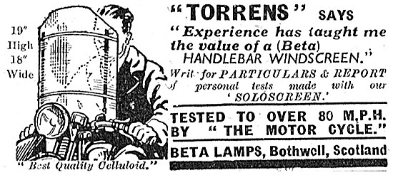 Beta Lamps Motor Cycle Windscreens 1945 Advert                   
