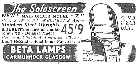 Beta Lamps Soloscreen Motor Cycle Windscreen 1954 Advert         