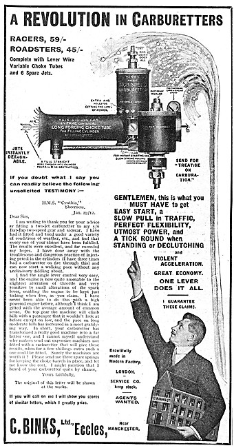 The Binks Single Lever Carburetter 1912 Advert                   