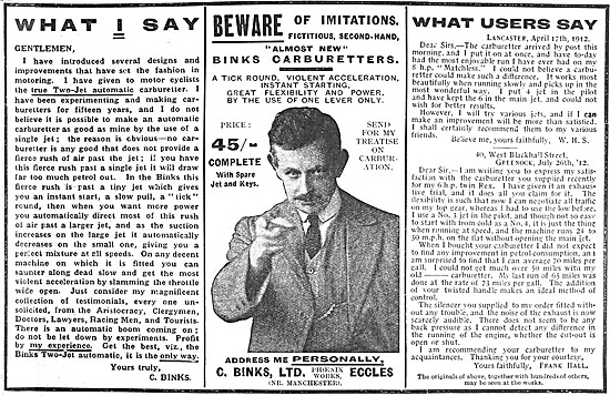 Binks Carburetters 1912 Advert                                   