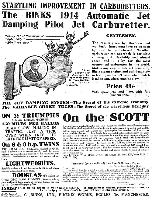 1913 Binks Automatic Jet Damping Pilot Jet Carburetter           