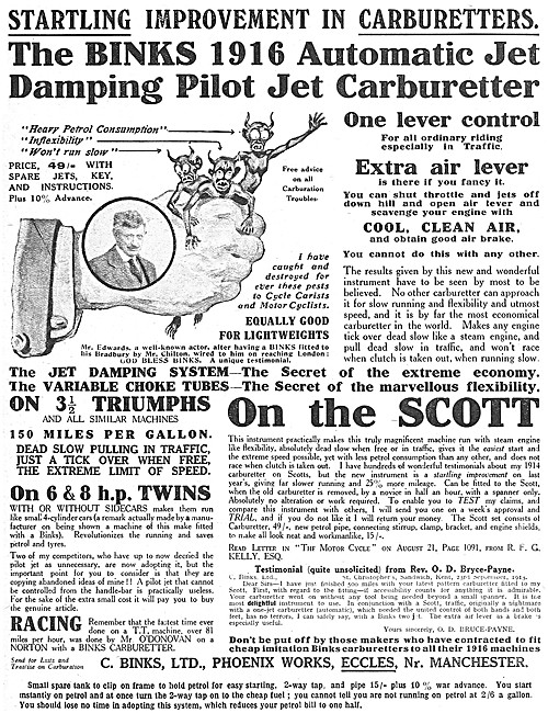 Binks Carburetters - Binks Automa Pilot Jet Carburetter 1916     