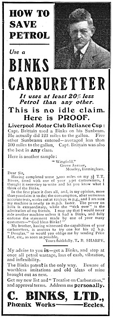 Binks Carburetters 1920 Advert                                   