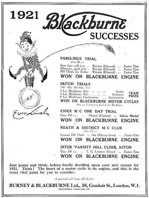 Blackburne Motor Cycle Engines 1921 Competition Successes        