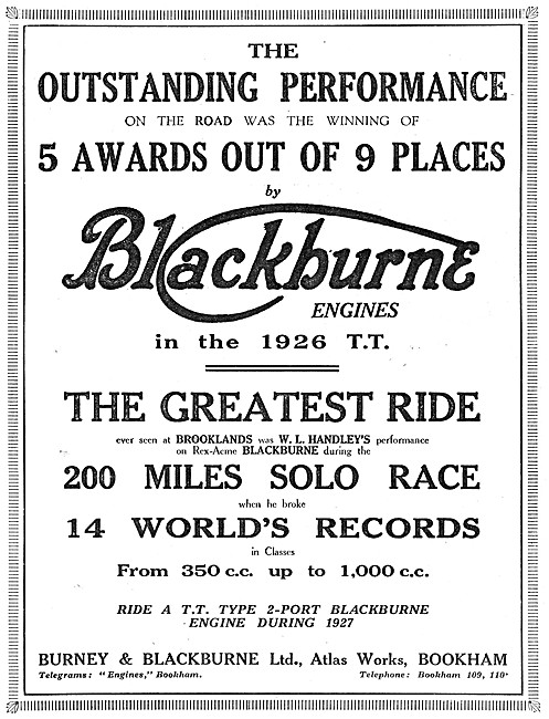 Blackburne Motor Cycle Engines 1926 Advert                       