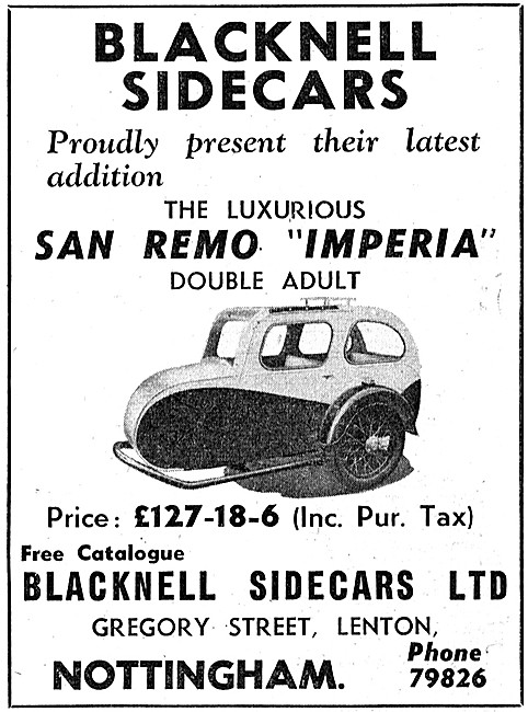 1960 Blacknell San Remo Imperia Double Adult  Sidecar            