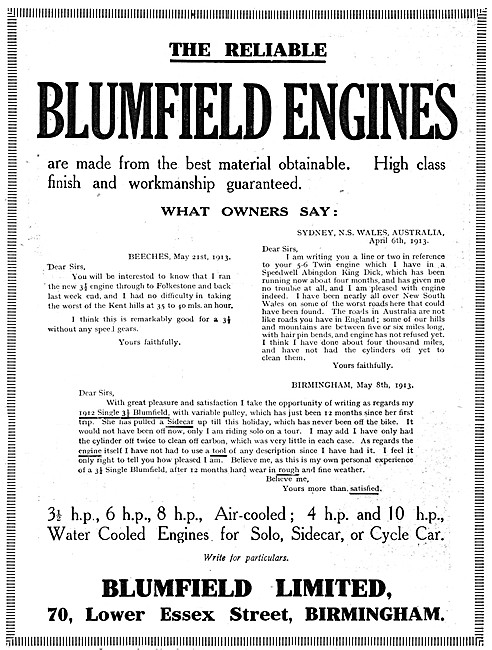 1913 Blumfield Motor Cycle Engines                               