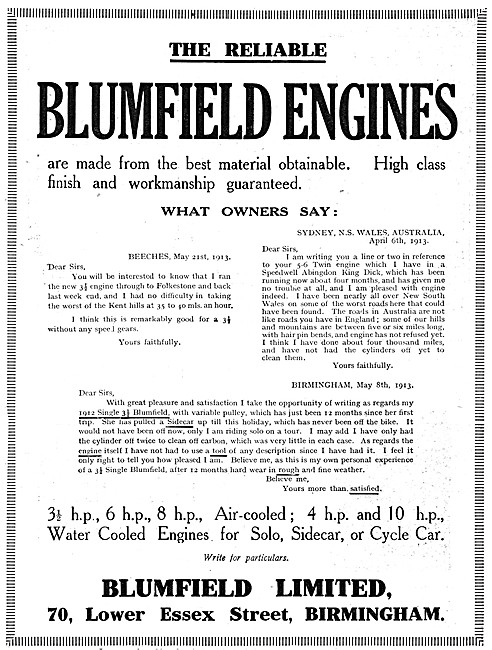 1913 Blumfield Motor Cycle Engines                               