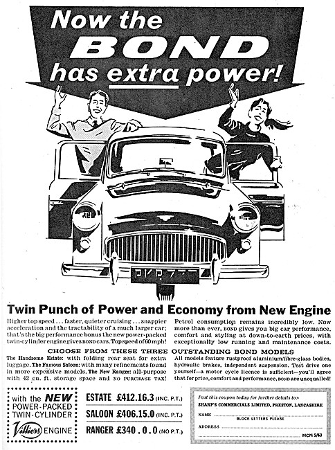 Bond Ranger Three Wheel Car - Boond Saloon - Bond Estate Car     