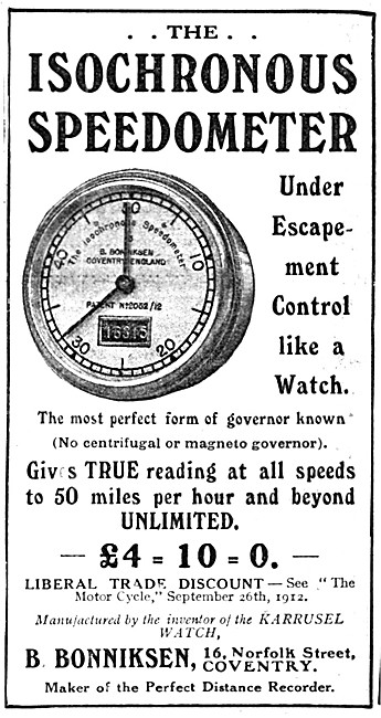 1913 Bonniksen Isochronous Motor Cycle Speedometer               