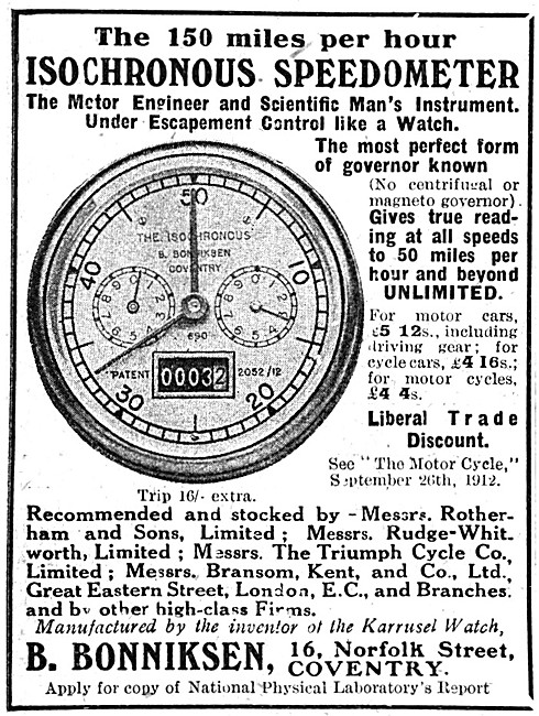 1914 Bonniksen Isochronous Speedometer                           
