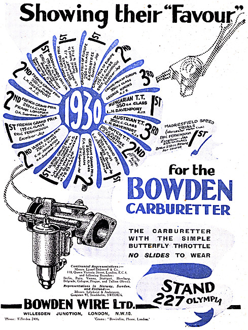 Bowden Motor Cycle Carburetters 1930 Advert                      