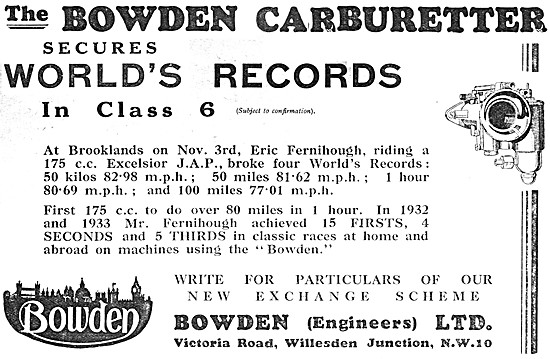 Bowden Motor Cycle Carburetters 1933                             