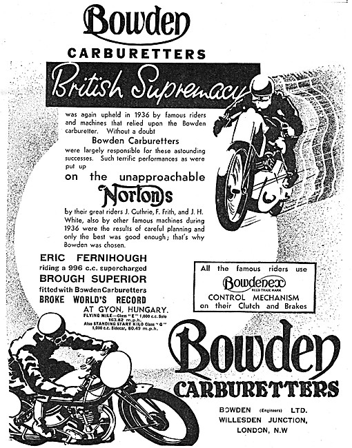 Bowden Motor Cycle Carburetters 1936                             