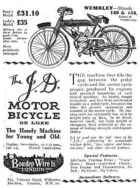 The J.D.Motor Bicycle De Luxe 116cc 1924 Advert                  