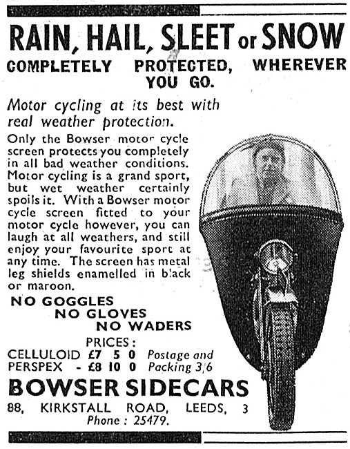 Bowser Motor Cycle Fairings 1949 Advert                          