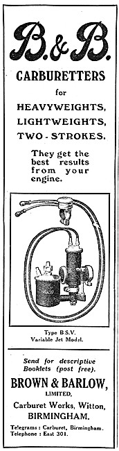 Brown & Barlow BSV Carburetters 1920 Advert                      