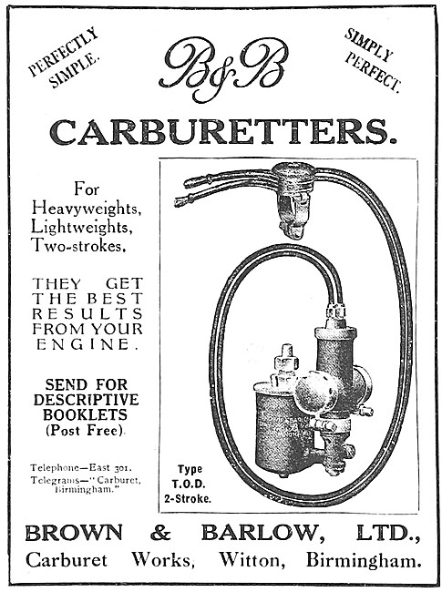 Brown & Barlow Carburetters - B.& B.Carburetters 1922 Advert     