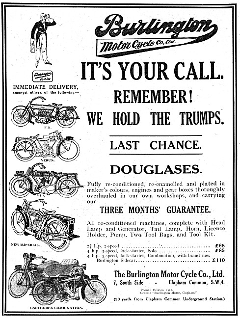 Burlington Motor Cycle Sales 1921 Advert                         