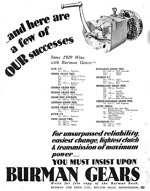 Burman Gears - Burman Gearboxes 1930 Advert                      