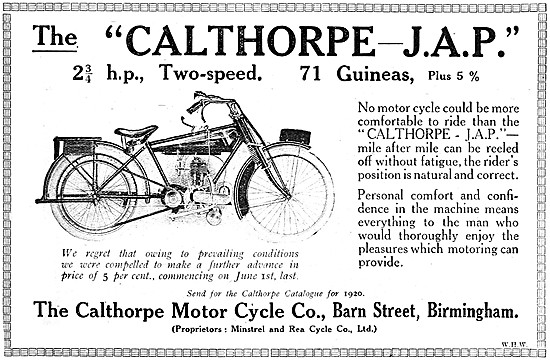 Calthorpe-JAP Motor Cycle Advert 1920                            