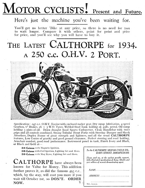 1933 Calthorpe 250 cc OHV 2 Port Motor Cycle                     