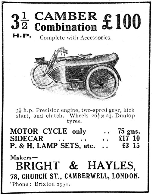 1921 3.5 hp Camber Motor Cycle Combination                       