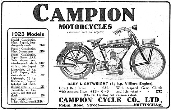 The 1923 Range Of Campion Motor Cycles - Campion Baby Lightweight