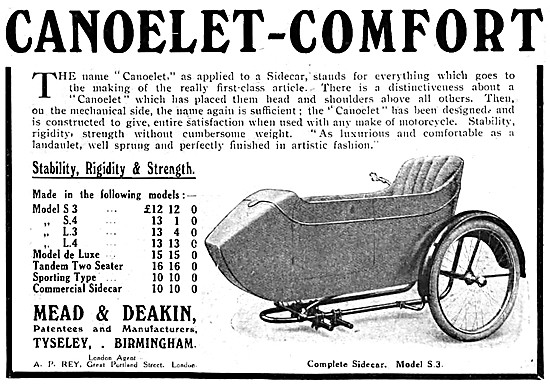 The 1914 Range Of Canoelet Sidecars                              
