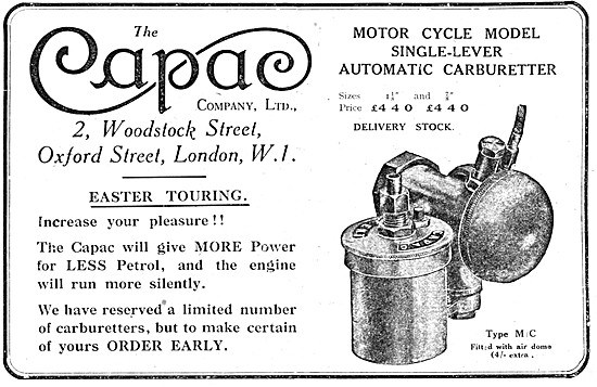 Capac Motor Cycle Single Lever Automatic Carburetter Advert      