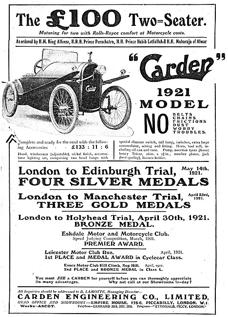 1921 Carden Two-Seater Light Car Advert                          