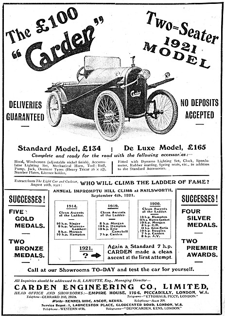 Carden Two-Seater Light Car 1921 Advert                          