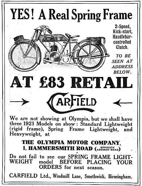 Carfield Motor Cycles 1920 Advert                                