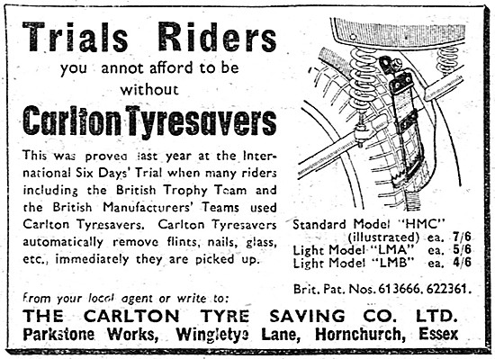 Carlton Motor Cycle Tyresavers 1950 Advert                       