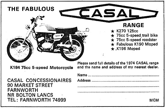 Casal Motor Cycle Product Range 1974                             