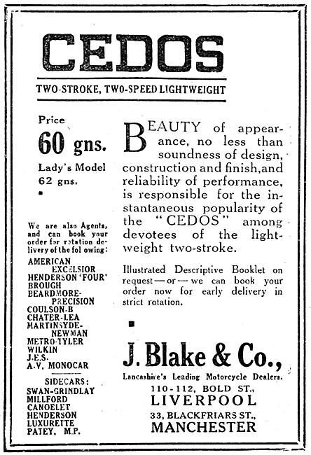 1920 Cedos Two-Stroke Two-Speed Motor Cycles Advert              