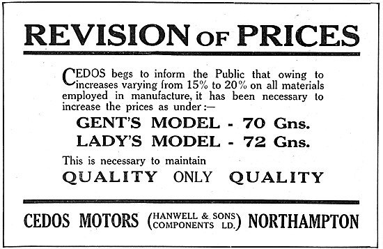 1920 Cedos Motor Cycle Advert - Hanwell & Sons Components Ltd    