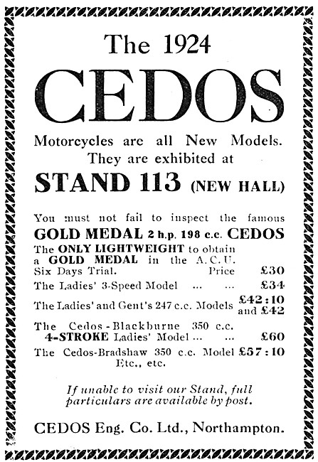 Cedos Motor Cycles 1923 Advert                                   