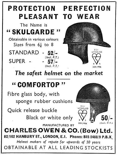 1958 Owens Skulgarde Motor Cycle Helmets - Owen Comfortop Helmet 